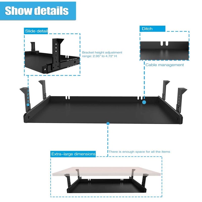FRMSAET Under Desk Keyboard Tray Heavy-Duty All-Metal Material 20/24/30 inches Platform Computer Drawer Organizer Home Office Kitchen Bedroom Garage Storage Tool - Easy to Install.(20 inches, Black) - Image 2